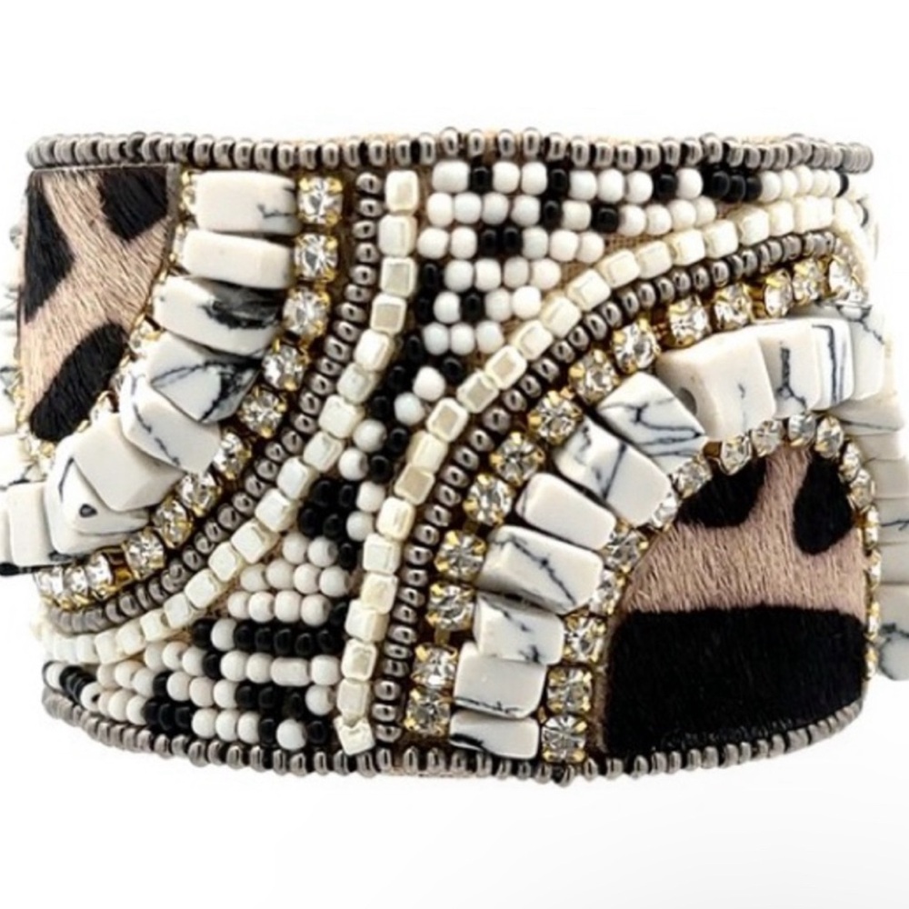 NWOT white/black beaded rhinestones bangle wrap  cuff bracelet